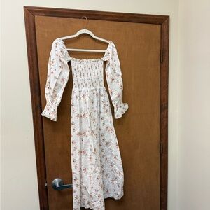 Floral Smocked Maxi Dress - White with Pink/Peach Blooms